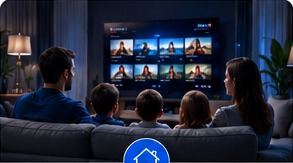 Family watching IPTV at home over fiber internet